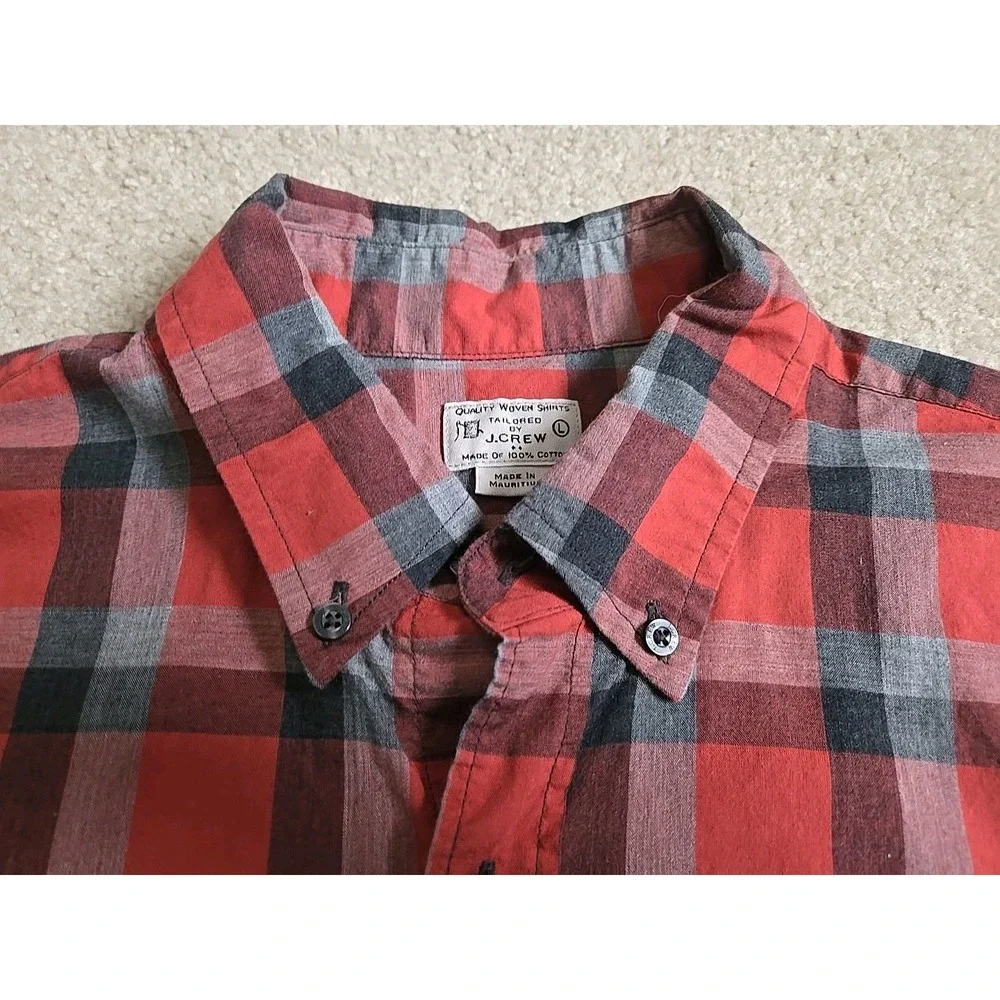J. Crew Button‎ Down Shirt Large L Long Sleeve Plaid Red Black Gray Cotton 100%